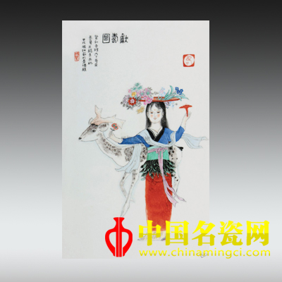 獻壽圖 粉彩瓷板