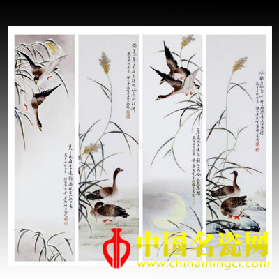 寧發(fā)有 粉彩《四季蘆雁詩意》圖四條屏