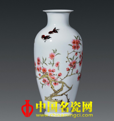 劉平“水點桃花”粉彩瓷瓶 