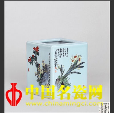 陸如 粉彩四季花卉方形筆筒