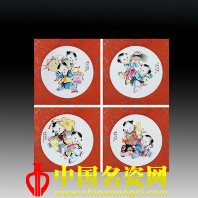  張中聞 嬰戲圖釉上彩對(duì)屏